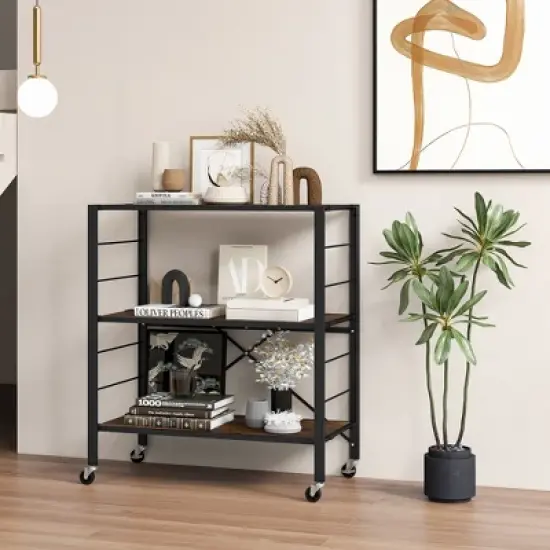 Tangkula 3-Tier Folding Shelf Free DIY Design Shelving Unit w/ 4 Universal Wheels Kitchen image {1}