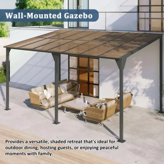 ModernLuxe 14.76 x 9.22 FT Wall-Mounted Gazebo, Outdoor Pergola with PC Roof Panels, Iron Frame, Sloped Design Shelter for Deck/Garden/Backyard, Gray image {4}