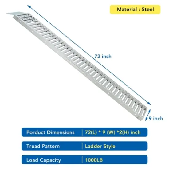 72x9 Inch Loading Ramps, Anti-Slip Ramp, Silver, Total Weight Capacity 1500 lbs for Loading Motorcycles, Bicycles, ATVs, lawnmowers, Tractors, etc. image {4}