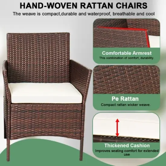 BestMassage 3-Piece Outdoor Wicker Patio Furniture Set with 2 Chairs & Cushions Coffee Table, Khaki image {4}