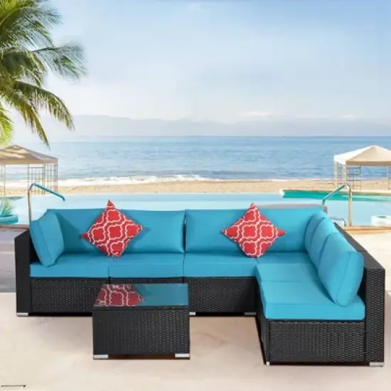 7pc Wicker Patio Conversation Set with Pillows & Cushions - Espresso/Blue - GODEER image {1}