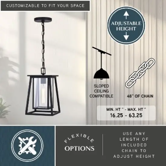 VAXCEL Blackwell Cage Frame 1 Light Black Outdoor Pendant Lantern Clear Glass image {3}
