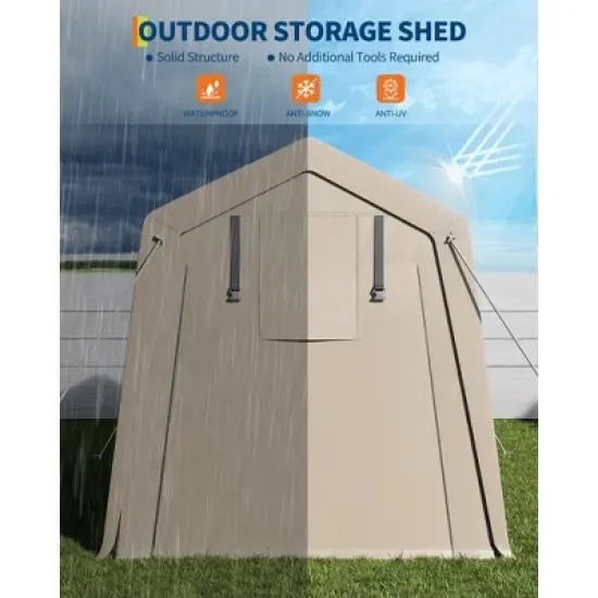 7x10 FT Outdoor Storage Shed, Motorcycle Shed with 2 Roll-Up Zipper Doors & Vents, Heavy-Duty Carport Portable Garage for Bike Firewood Tools, Khaki image {3}