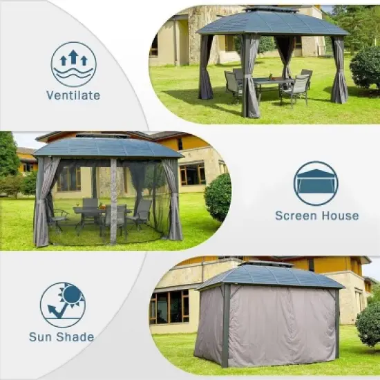 10x12 FT Outdoor Patio Aluminum Gazebo,Galvanized Steel Roof Gazebo,Pavilion With Zippered Netting And Curtains For Garden,Lawns-Coolbibila image {4}