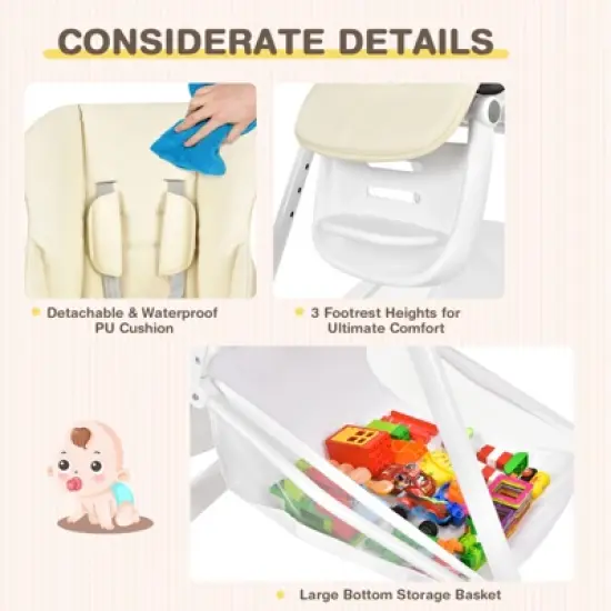 Infans Baby Convertible Folding Adjustable High Chair w/Wheel Tray Storage Basket Beige image {3}