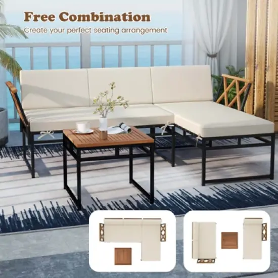 Tangkula Set Of 3 L-Shaped Outdoor Furniture Set Acacia Wood Patio Sectional Cushioned Conversation Sofa with Square Coffee Table image {9}