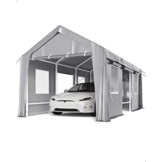 10'x20' windproof carport with reinforced frames and 180g PE canopy; includes front and rear doors, perfect for pickups, boats, and equipment. image {8}