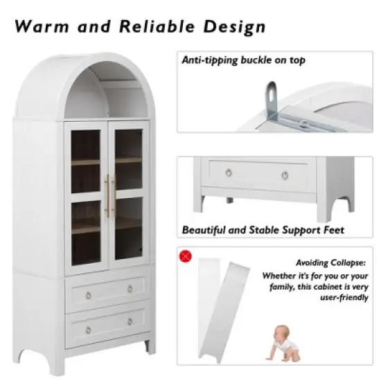 Gulches Modern Farmhouse Arched Kitchen Pantry Cabinet - 2 Large Drawers, Adjustable Shelves, Glass Door, Wood, White, 30"W x15.75"D x71"H image {9}