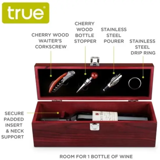 True Cherry 1-Bottle Wine Accessories Gift Set | Premium Corkscrew Opener Kit, Drip Ring, Wine Pourer, Stopper in Wood Case with Padded Insert, Brown image {7}