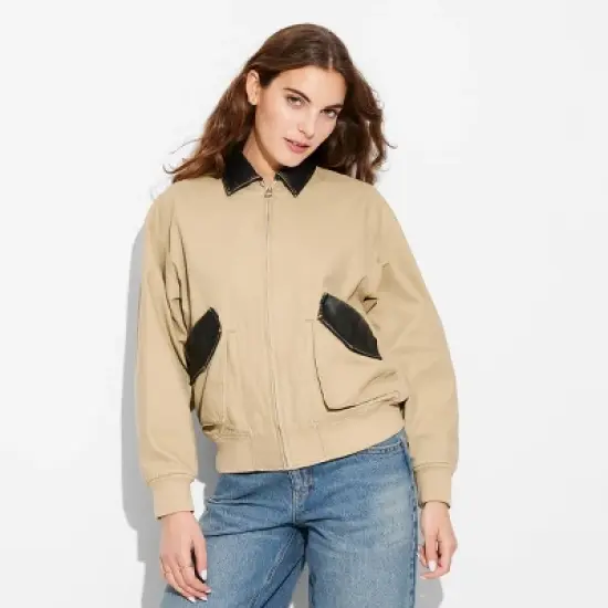 Women's Canvas & Faux Leather Bomber Jacket - Wild Fable&trade; Tan image {1}