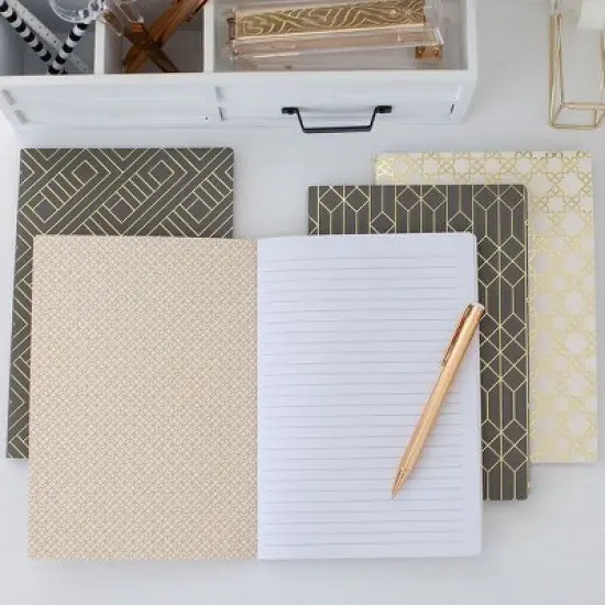 BLU MONACO Trendy Decorative Lined Geometric Notebook Set of 4 (6 x 8.5) - Dark Grey & Cream with Gold Foil Journals for Women image {2}