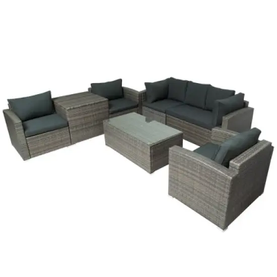 7pc Wicker Patio Seating Set with Cushions & Storage Box - Gray - GODEER image {14}