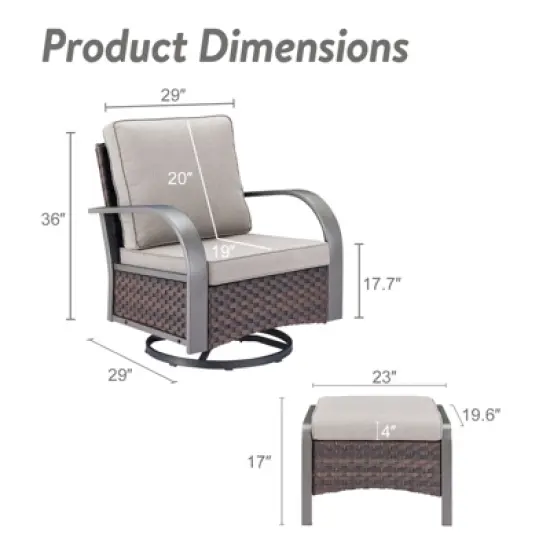 POCASSY 4 Piece Patio Furniture Set with Swivel Chairs and Ottomans, Metal Armrest Swivel Outdoor Chair Set Brown Wicker Swivel Patio Chairs for Porch image {12}