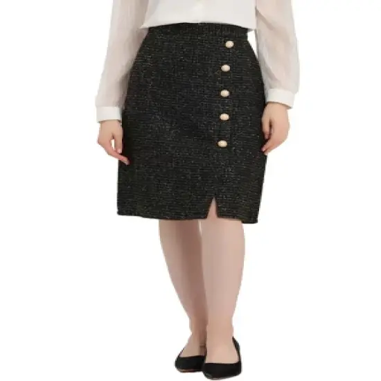 Allegra K Women's Plaid Tweed High Waist Button Decor Shiny Business Elegant Midi Skirt image {6}