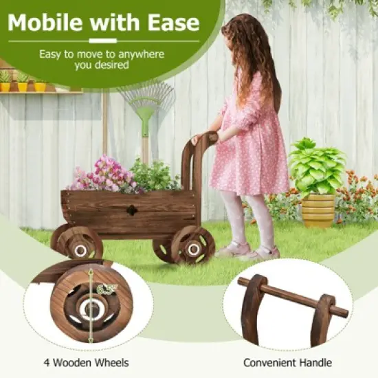 Tangkula Wooden Wagon Planter Box Decorative Garden Planter w/ Wheels Handle Drain Hole Rustic Wooden Flower Planter image {4}