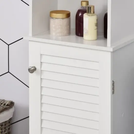 HOMCOM Tall Bathroom Storage Cabinet/Freestanding Linen Tower with 3-Tier Open Adjustable Shelf and Cupboard, White image {5}