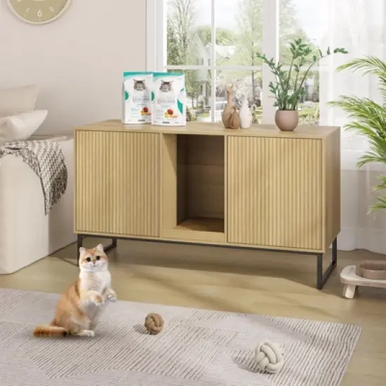 Litter Box Enclosure for 2 Cats, Double Room Kitty House with Scratch Pad image {10}