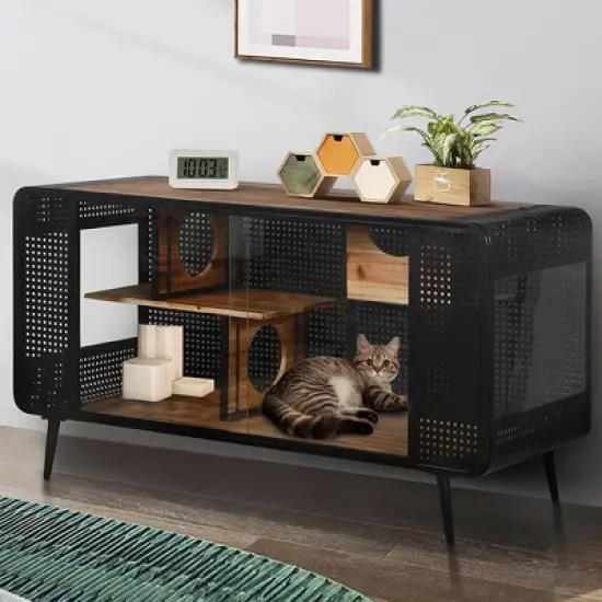 Cat Villa Indoor Cat Litter Box Furniture Cat Cages with Tempered Glass Doors, Metal Frame and Spacious Open Space TV Stand Cat House for Living Room image {1}