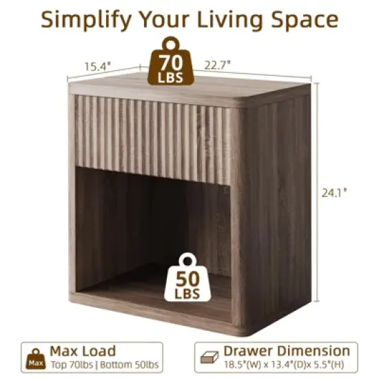 Stand Set of 2, Modern Farmhouse Nightstand, Fluted Nightstand with Drawer Storage, Mid Century Wood Bedside Table for Bedroom Living Room Sofa Office image {2}