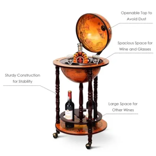 Costway  17.5'' Wood Globe Wine Bar Stand 16th Century Italian Rack Liquor Bottle Shelf image {8}