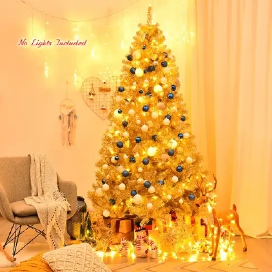 Costway 7.5Ft Hinged Unlit Artificial Tinsel Christmas Tree Holiday,Silver ,Gold image {2}