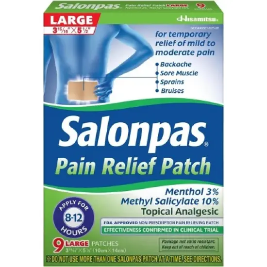 Salonpas Pain Relief Patch, Up to 12 Hours Temporary Relief of Mild to Moderate Pain, Backache, Sore Muscle, Sprains, Bruises, Large 9 Count image {7}