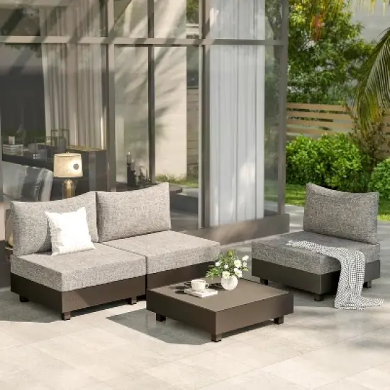 Heynemo 5 Pieces Aluminum Patio Furniture Set, Outdoor Sectional Sofa Conversation Sets with Coffee Table, Modular Armless Chairs Set for Pool, Grey image {6}