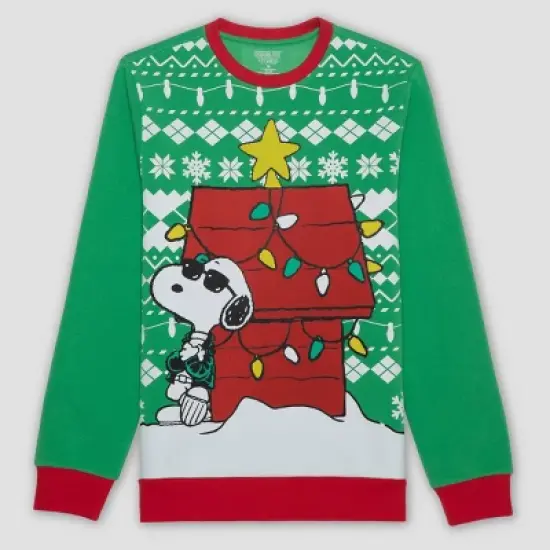 Men's Peanuts Snoopy Graphic Pullover Sweatshirt - Green - Christmas image {3}