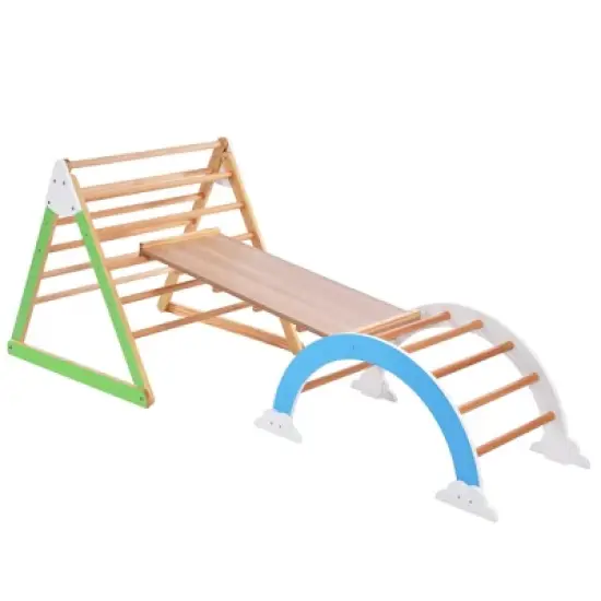 Wooden Climbing Triangle Toys - Indoor Arc Climber Jungle with Ramp and Arch Toy Rocker, Reversible Multifunction Playset Natural Wood Playground image {2}