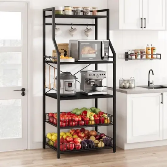 5-Tier Kitchen Bakers Rack & Microwave Oven Stand &ndash; Industrial Coffee Bar Station with 2 Large Wire Baskets, 8 Hooks & Multi-Storage Utility Shelf image {1}