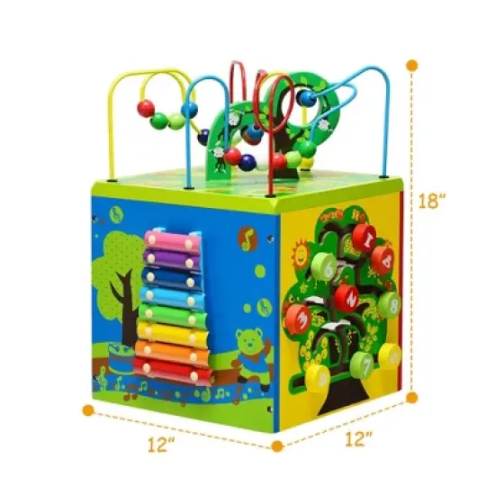 Costway 5-in-1 Wooden Activity Cube Toy Educational Learning Bead Maze w/ Rotatable Base image {2}