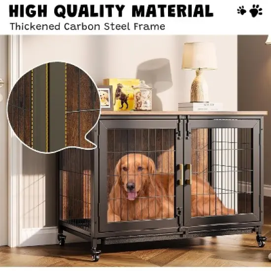 Acekool 37.5" Furniture Style Dog Crate with Wheels, Removable Tray, Lockable Indoor Kennel, Rolling Cage for Medium & Large Dogs, Brown image {4}