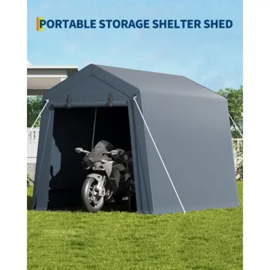 7x10FT Portable Outdoor Storage Shed with 2 Roll-Up Zipper Doors & Vents,Waterproof PE Tarp,UV-Resistant Carport for Motorcycle,Firewood,Tools-Gray image {7}