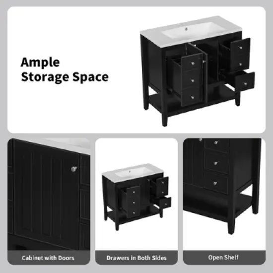 36" Freestanding Bathroom Vanity Base Only, Black Solid Wood & MDF Cabinet with 1 Door, 3 Drawers & Open Shelf, No Sink image {13}