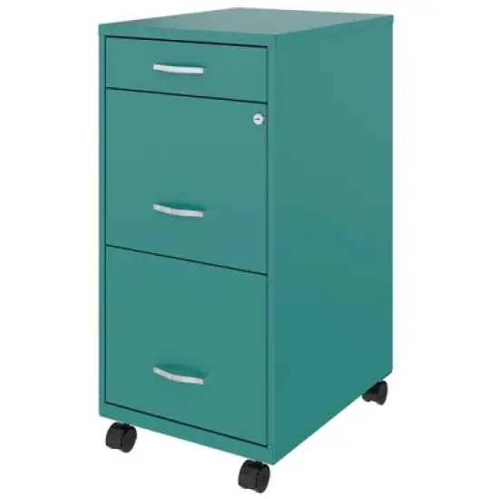 Space Solutions 18 Inch Wide Metal Mobile Organizer File Cabinet for Office Supplies and Hanging File Folders w/ Pencil Drawer & 3 File Drawers, Teal image {2}