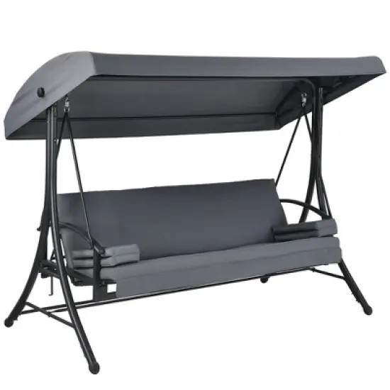Costway Patio 3-Seat Porch Canopy Swing Converting Grey Cushion Pillow Adjust image {1}