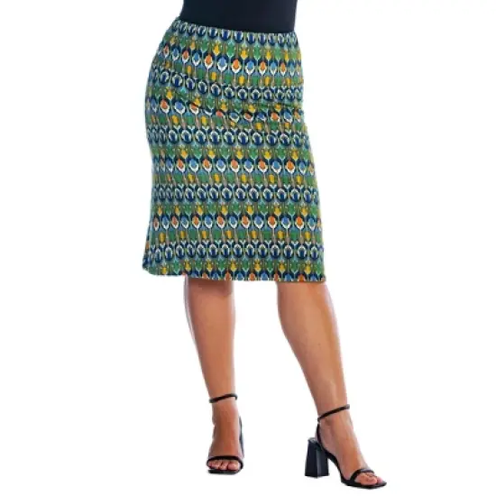 Womens Plus Size Green Geometric Elastic Waist Knee Length Skirt image {3}