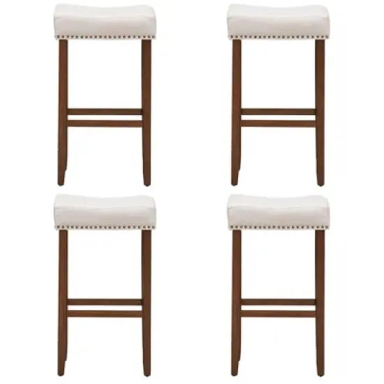 Costway Set of 4 Nailhead Saddle Bar Stools 29'' Height w/ Fabric Seat & Wood Legs Gray/Beige image {7}