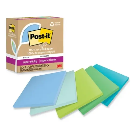 Post-it Notes Super Sticky 100% Recycled Paper Super Sticky Notes, 3" x 3", Oasis, 70 Sheets/Pad, 5 Pads/Pack image {4}
