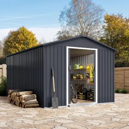 10X10 FT Outdoor Storage Shed, Galvanized Steel Storage Shed, Steel Sliding Doors, Weather Resistant, Garden Tool Shed with Lockable Door image {8}
