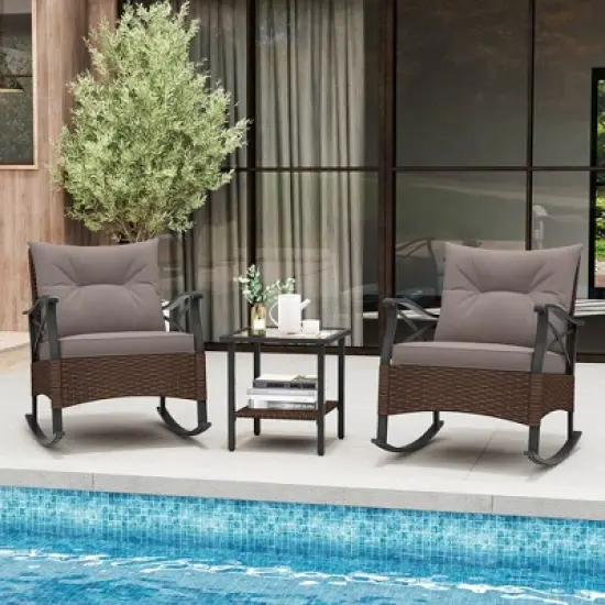 Costway 3 PCS Patio Rocker Set with 2-Tier Coffee Table & Soft Seat Back Cushions Outdoor image {3}
