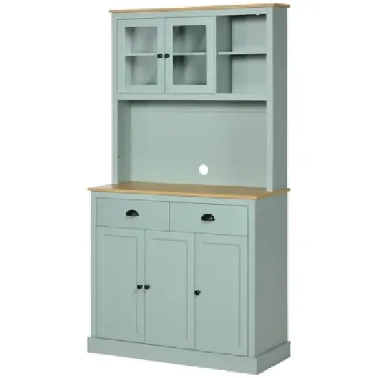 HOMCOM 71" Freestanding Pantry, Kitchen Buffet with Hutch, Modern Storage Cabinet with Drawers, Glass Doors, and Adjustable Shelves, Light Blue image {3}