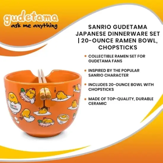 Silver Buffalo Sanrio Gudetama Japanese Top Ramen Dinnerware Set | 20-Ounce Ramen Bowl, Chopsticks image {6}
