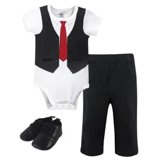 Little Treasure Baby Boy Cotton Bodysuit, Pant and Shoe 3pc Set, Black Red Vest image {1}