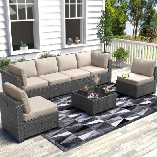 Whizmax 7-Piece Modular Patio Set - PE Rattan Sectional Sofa with Thick Cushions & Glass Coffee Table, Outdoor Furniture for Garden, Balcony, Porch image {12}