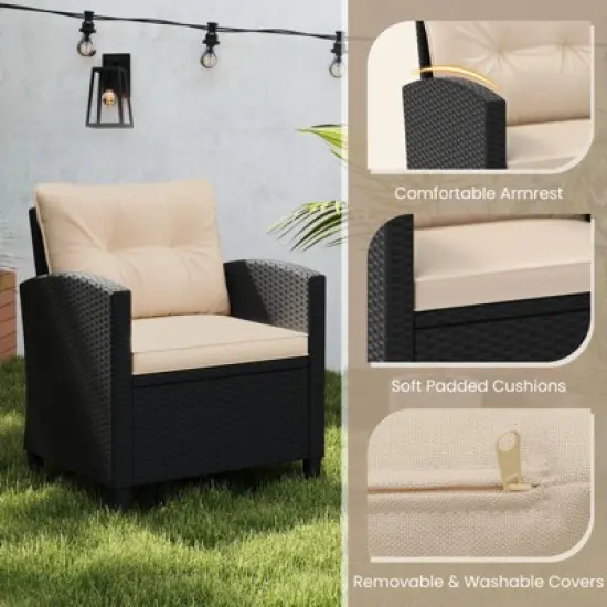 Tangkula 3 Piece Patio Furniture Set Rattan Conversation Set w/Soft Seat & Back Cushions Tempered Glass Topped Coffee Table Beige image {2}