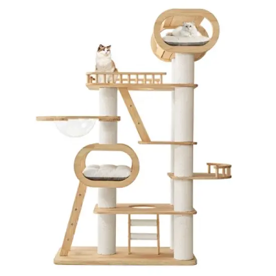 Modern Wooden Cat Tower,Beige,43.3" W &times; 23.62" D &times; 76.38" H image {6}