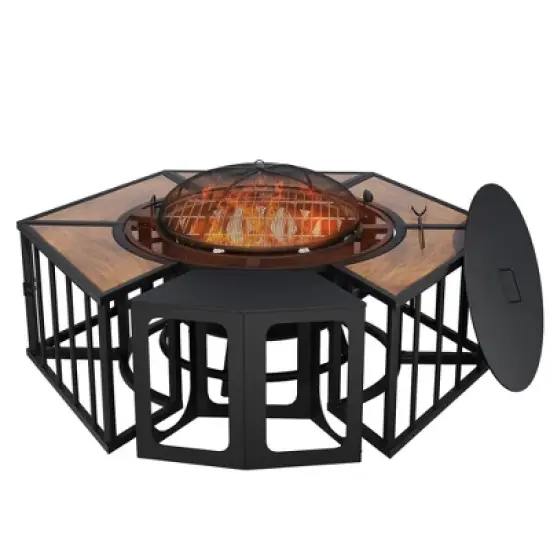 UPTION Steel Outdoor Fireplace with Side Tables image {8}