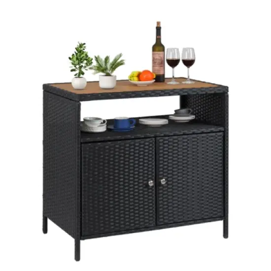 Garvee Patio Outdoor Wicker Storage Cabinet with Shelf,Powder Coated Steel,Patio Bar Table with 2-Door,All Weather Resin Wicker image {9}