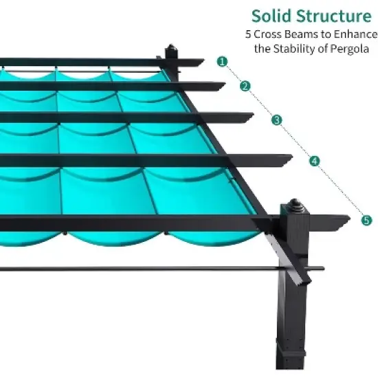 Retractable Outdoor Pergola, Weatherproof Aluminum Frame with Adjustable Blue Canopy & 4 White Curtains, Wood-Look Patio Shelter image {5}